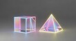 © florynstudio3 - Rendered geometric forms, cube and pyramid, with iridescent light outlines on gray backdrop