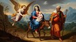 © MMerellinn - Holy Family's arduous flight, Virgin Mary with infant Jesus, Saint Joseph's guiding presence, divine angel protecting their exodus to Egypt through an ancient desert landscape