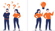 © MeheDi - Flat vector illustration of a man and woman thinking with question marks and gaining an idea with a light bulb for business concept designs.