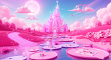 A vibrant pink castle stands majestically in a serene fantasy landscape