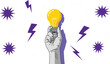 © Sujon Shah - Human hand holding a glowing yellow lightbulb surrounded by purple lightning bolts and stars representing a creative spark and business innovation.