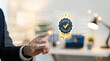 © DDargon - Business man touching virtual interface showing certified quality warranty badge with confidence and professional pride over standard approved success achievement