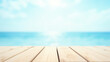 © Anuyj - Wooden table top with blurred bokeh of sea and sky background for product display presentation concept, summer vacation banner template design