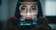 © Phamminn - Close-up portrait of youthful individual capturing selfie while futuristic glowing digital AI skin analysis interface scans face displaying health metrics and biometric data diagnostic overlays.