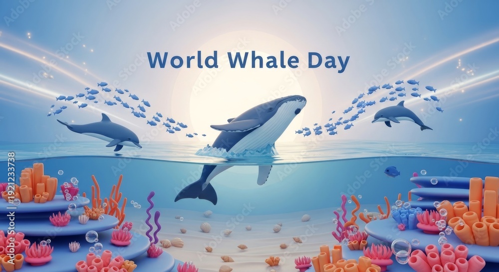 World Whale Day ocean illustration with whale, dolphins, fish, and ...