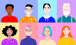 © BONI - Retrato de medio cuerpo de personas de diferentes razas. Vector de personas diferentes con colores llamativos. Set de iconos de personas