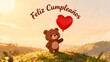 © Mahmud - Adorable teddy bear holding a heart balloon in a sunny birthday landscape