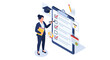 © Yahya - Businesswoman completing an online survey or checklist on a giant clipboard.