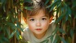© Milana - young child peeking through dense green foliage and bamboo stalks wearing a white shirt, conveying curiosity and playful wonder in dappled sunlight