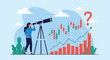 © Akmol - Cautious woman observes a volatile stock market graph through a telescope, with a looming question mark, symbolizing investment uncertainty and future predictions.