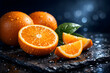 © Ahmed - Buah jeruk segar dengan tetesan air di atas batu hitam gelap melambangkan kemewahan alam dan kesegaran panen buah premium
