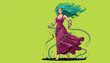 © GEAD - A female dancer in a flowing pink dress with long blue hair, captured in mid-twirl with dynamic motion lines, against a bright lime green background from a front viewpoint in an artistic illustration