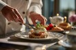© Santi - Elegant breakfast scene with hands cutting gourmet poached egg on toast, garnished with herbs, in sunlit luxury dining setting, evoking calm and sophisticated morning mood