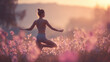 © Lumi Stock Studio - young woman practicing morning yoga in a blooming spring meadow, peaceful female meditating in wildflower field at sunrise, zen wellness lifestyle and mindfulness in nature