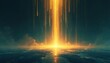 © miss irine - Golden light beams descend from sky to ocean surface. Abstract energy, futuristic digital art, bright illumination, cosmic wonder, technology concept, data stream.