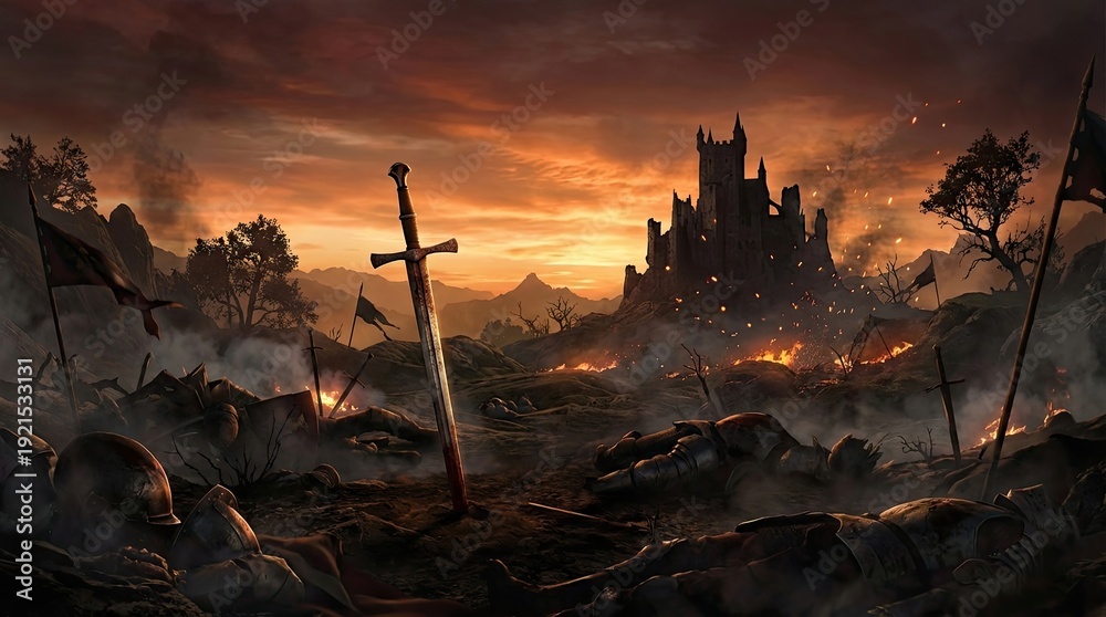 Epic fantasy battle scene with castle sunset and chivalry art concept ...