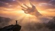 © Tin - Small man sees God's hand in clouds seeking salvation from death concept. A dramatic sunset with a cloud shaped like a hand reaching out.