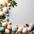 © Diga - Assorted Pastel Speckled Easter Eggs with Blossoming Branches on Gray Background – Spring Floral Arrangement