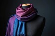 © Vadym - Purple and blue gradient scarf draped on mannequin. Smooth fabric with fringe detail. Elegant accessory for autumn or winter wear. Soft textile.