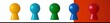© zhuan - row of five glossy colorful pawn-shaped game pieces in yellow, cyan, green, blue and red on white and orange backdrop conveying playful bright minimal mood