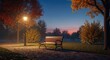 © Umi - Autumn park scene bench beneath lamp and trees at dusk outdoors
