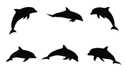  A collection of black silhouettes depicting playful and leaping dolphins