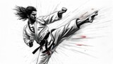 A silhouetted figure, kicking in a martial arts pose, with flowing hair and a white gi