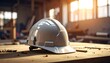 © Fakus - A pristine white safety helmet sits atop a weathered wooden surface, illuminated by warm sunlight filtering through a construction site window