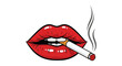 © Design Gallary - Vibrant red lips are holding a lit cigarette, exhaling smoke in a bold pop art style.