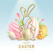© annbozhko - Happy Easter background with colorful easter eggs, golden rabbit silhouette and tulips. Holiday greeting card or poster. Vector illustration