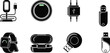 © Abdullah - Electronic gadgets silhouettes icon set featuring smartwatch, wireless earbuds, USB flash drive, charger adapter, power bank and cable for technology design projects