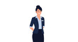 © Prime Visionn - Professional woman standing confidently in a dark business suit with a white shirt and a name tag, ready for corporate service or work.