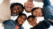© Muhammad - Five diverse children smiling and looking down into the camera, forming a circle with their heads together against a bright white background, symbolizing friendship and unity.