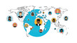 © Alton - Global communication network illustration showing a world map with diverse people connected by lines representing international teamwork.