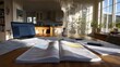 © Anna - Sunlit home study workspace with open textbook, laptop and handwritten notes for education design, poster and background