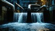 © Fauzerene - Industrial pipes discharging treated sewage water into a city harbor under dim, dynamic lighting