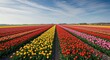 © Rainyphoto - Vast panorama of vibrant tulip fields showcasing rows of red, yellow, pink, and purple flowers under a sunny spring sky, sky, blue, nature