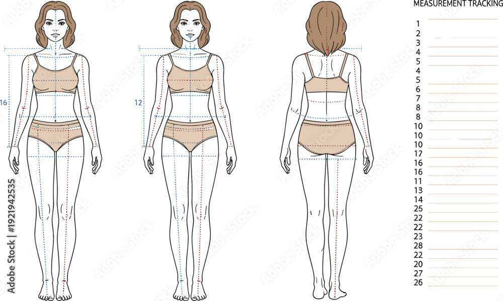 Female body measurement guide illustration, front and back view woman ...