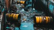 © AmStock - Industrial waste barrels leaking toxic substances into a polluted canal within a derelict urban environment