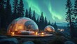 © Viktor - Transparent geodesic domes offer luxury glamping experience under vibrant aurora borealis sky. Forest setting features cozy beds, warm lights, outdoor fire pit. Enjoy night nature.