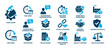 © Vladislav - Set of blue business and manufacturing icons representing concepts of quality control, ethical sourcing, fair pricing, and skilled labor for infographics and presentations