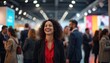 © Viktor - Woman laughs at busy exhibition or business event. People network in large hall with lights. She wears suit and red shirt, looks happy and excited.