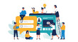 © Art - People working together on a large digital interface illustration from an overhead viewpoint