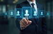 © Viktor - Man in suit selects profile from digital list. Employee choice interface shows candidates for job. Hiring process uses tech for talent acquisition. Business selects person for work.