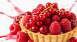 © yollieee - Close-up of fresh berry tart topped with raspberries and glossy red currants, detailed pastry crust and juicy fruit with droplets on white background, vibrant dessert photography.