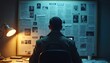 © Viktor - Man at desk reviews investigation board with photos and documents. Detective studies clues to solve crime. Researcher works late at night, analyzing case details on wall.