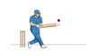© Tithi - Professional cricket player in blue uniform swinging a bat to hit a red ball near the wickets on a simple horizontal field.