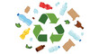 © biplob - A green recycling symbol is centrally placed with scattered waste items including plastic bottles, broken glass, and cardboard pieces floating around on a white background.