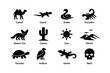 © Cali6ro - Desert wildlife silhouettes: camel, lizard, snake, scorpion, sun, and more