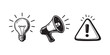 © Daria Bubnova - Set of Hand Drawn Line Icons: Idea, Announcement and Warning. Black and white vector illustration. Symbols collection. Sketch. attention